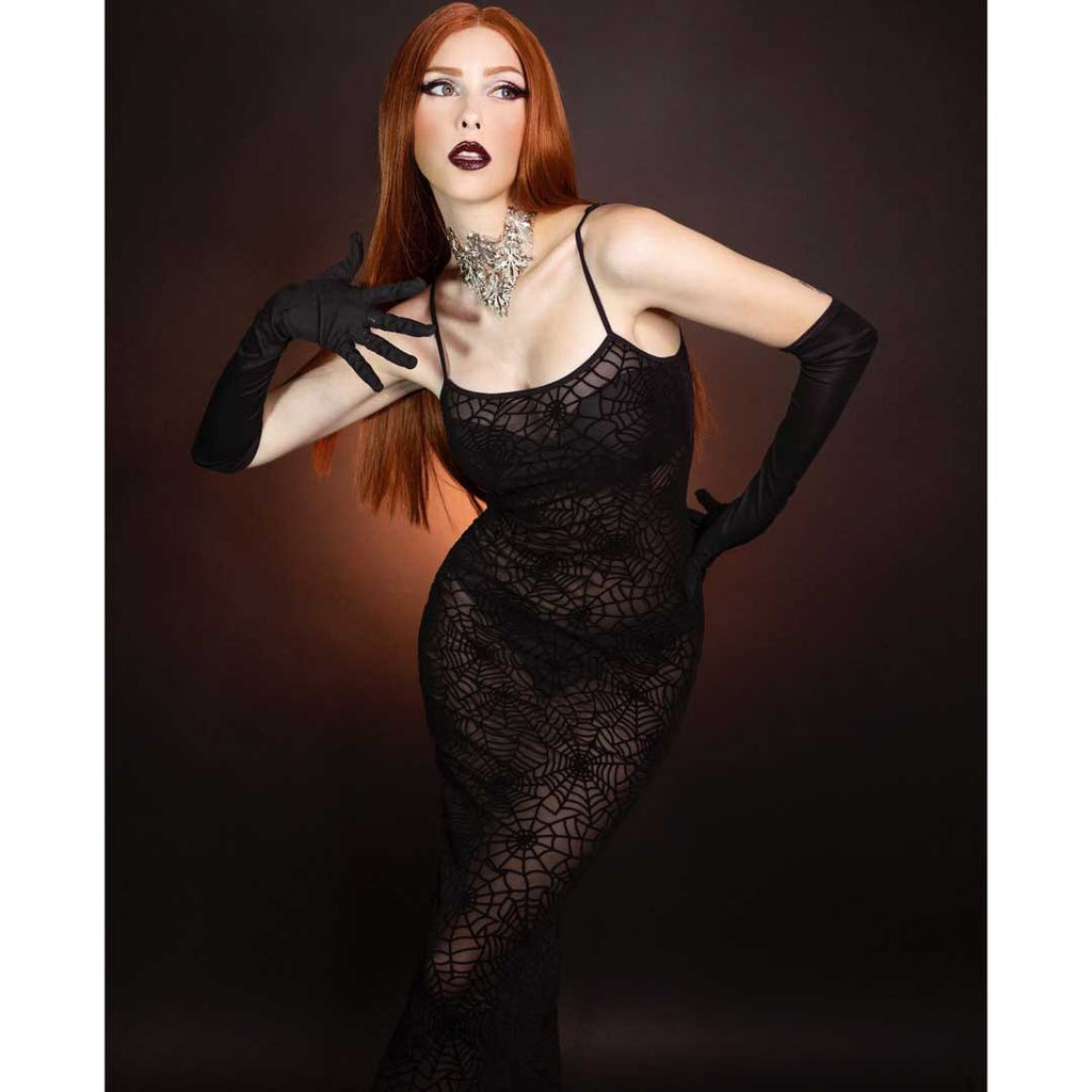 Witchwood Sheer Hourglass Velvet Spiderwebs Maxi Dress