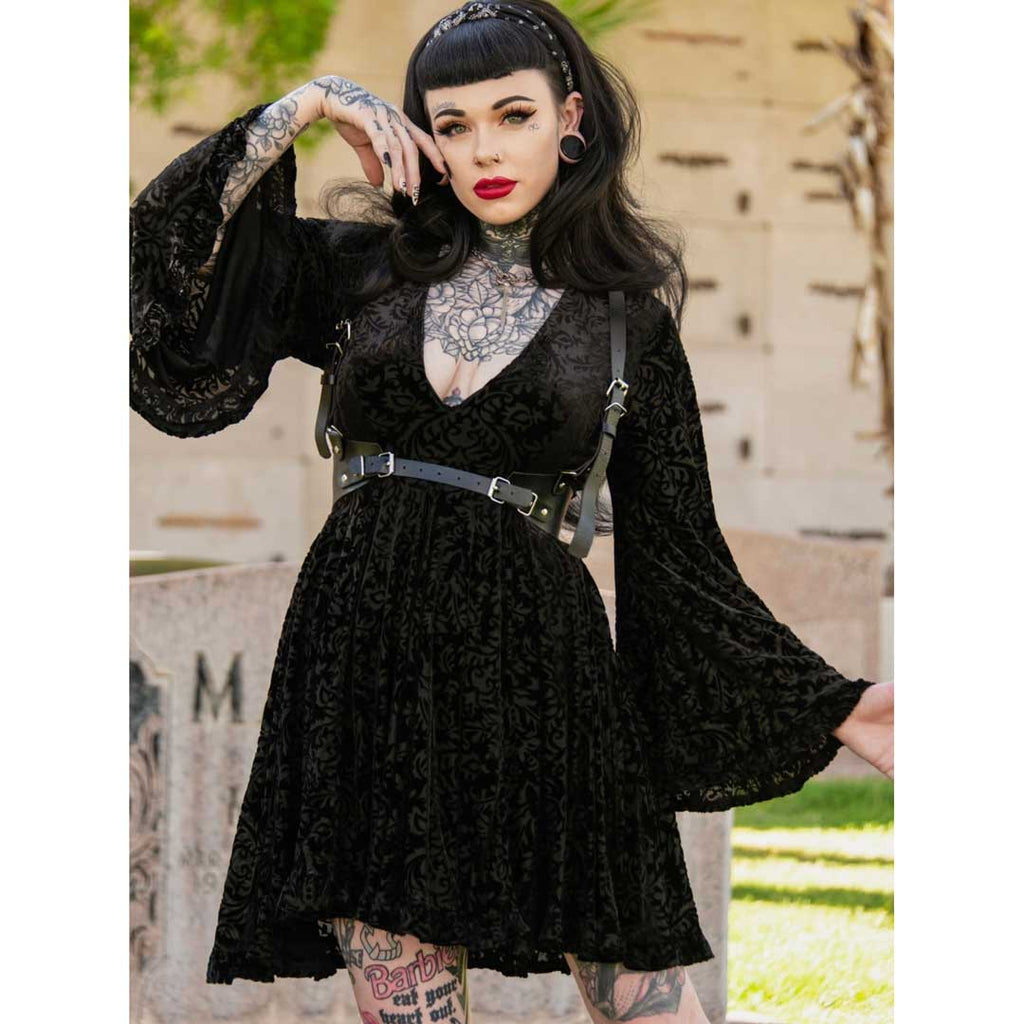 Witchwood Nyx Bell Sleeve Velvet Damask Dress + Harness