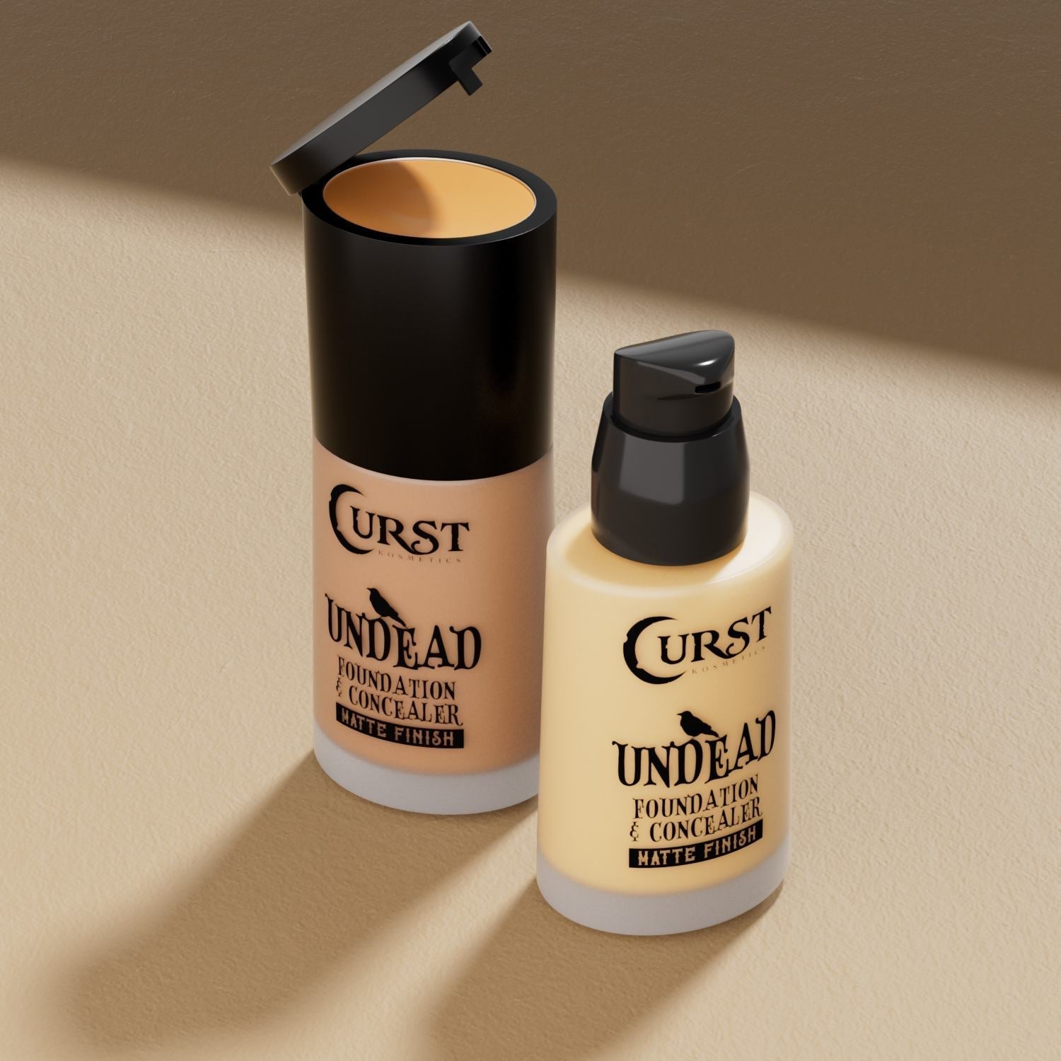 Two bottles of 'Curst Undead' foundation and concealer on a beige background