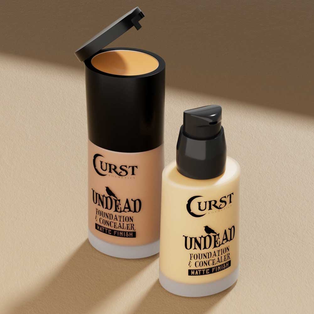 Two bottles of Curst Undead Foundation & Concealer on a beige background