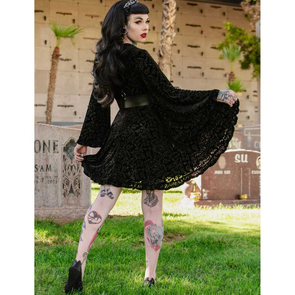 Witchwood Nyx Bell Sleeve Velvet Damask Dress + Harness