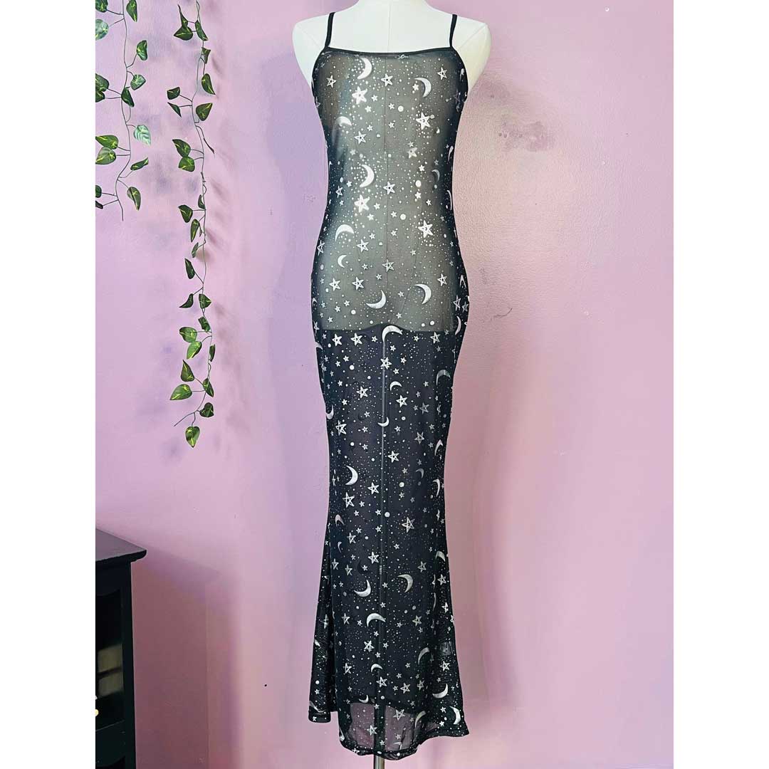 Witchwood Sheer Metallic Moon & Stars Maxi Dress
