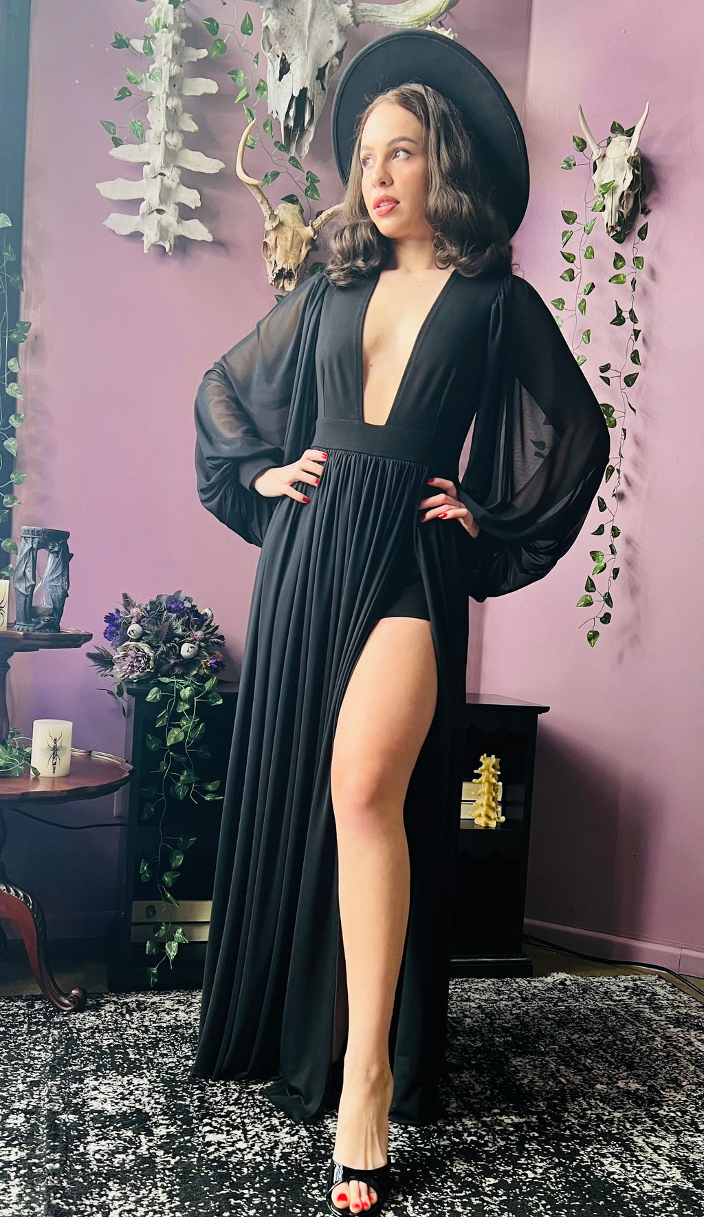Witchwood Minerva Mesh Maxi Plunge Dress Built In Shorts