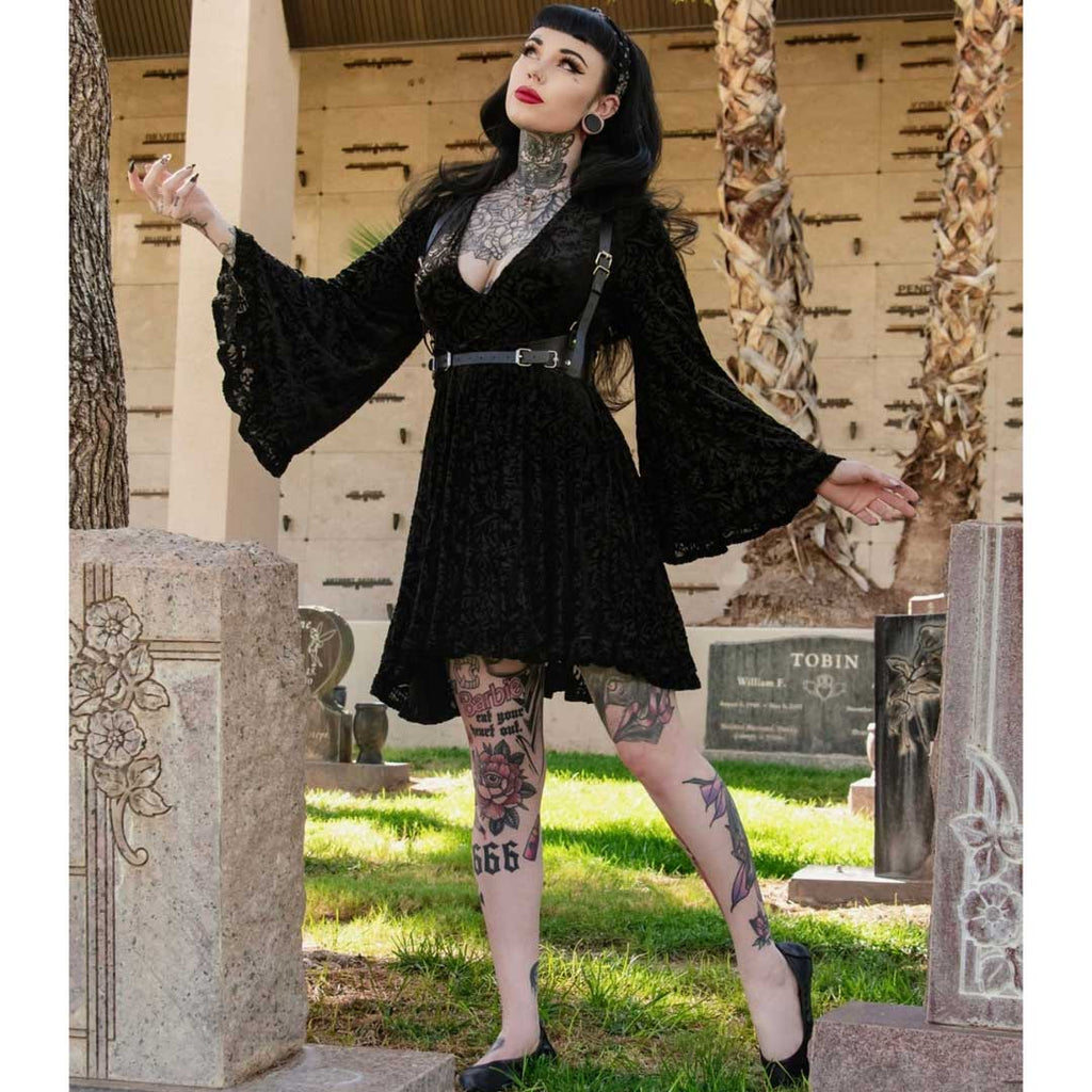 Witchwood Nyx Bell Sleeve Velvet Damask Dress + Harness