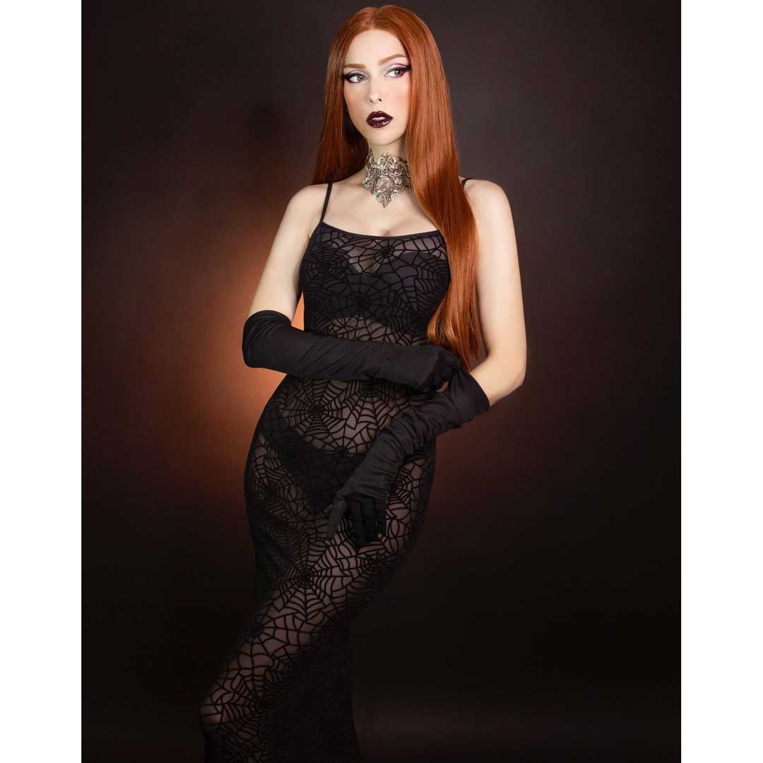 Witchwood Sheer Hourglass Velvet Spiderwebs Maxi Dress