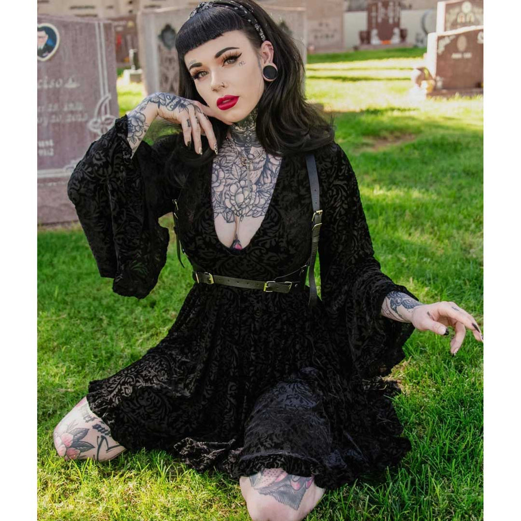 Witchwood Nyx Bell Sleeve Velvet Damask Dress + Harness