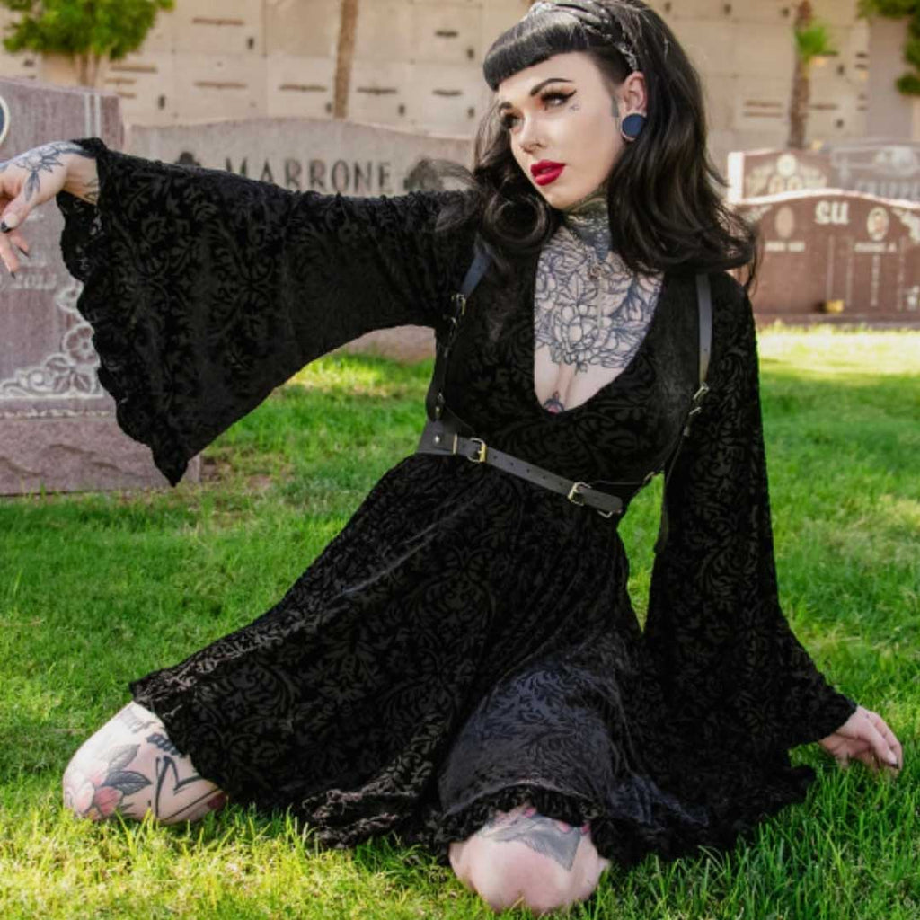 Witchwood Nyx Bell Sleeve Velvet Damask Dress + Harness