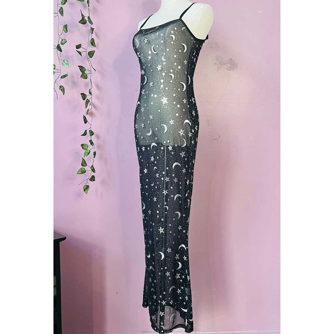 Witchwood Sheer Metallic Moon & Stars Maxi Dress