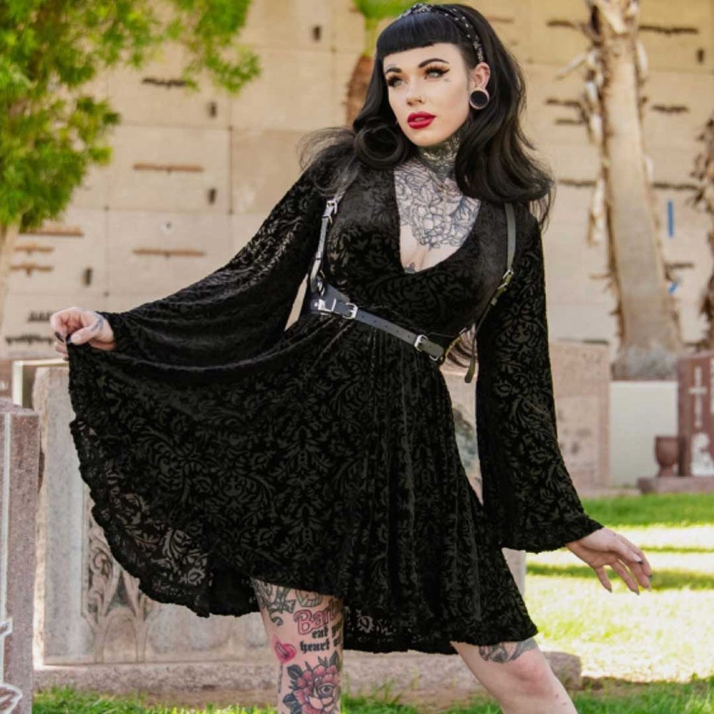 Witchwood Nyx Bell Sleeve Velvet Damask Dress + Harness