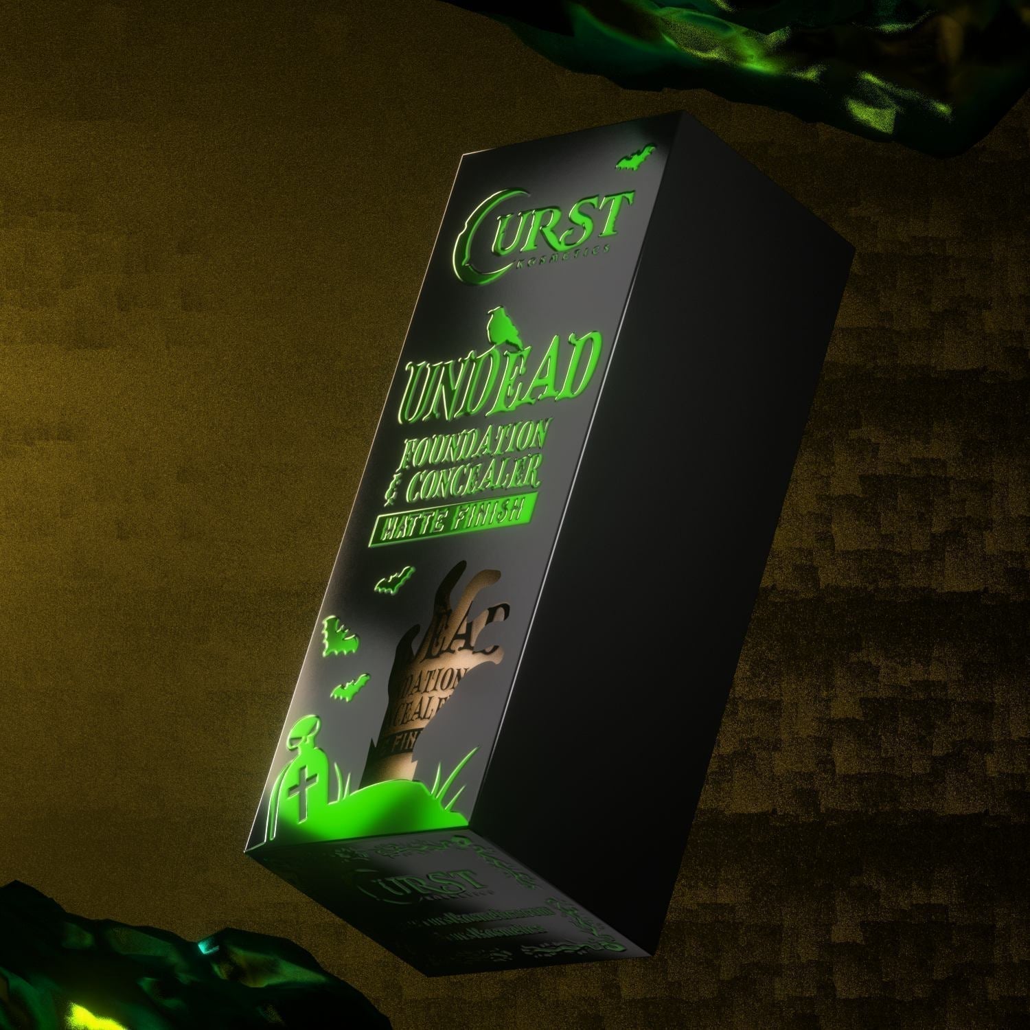 Cosmetic packaging with green and black design on a dark background