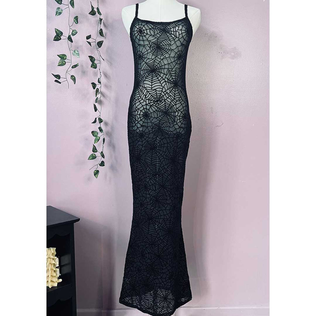 Witchwood Sheer Hourglass Velvet Spiderwebs Maxi Dress