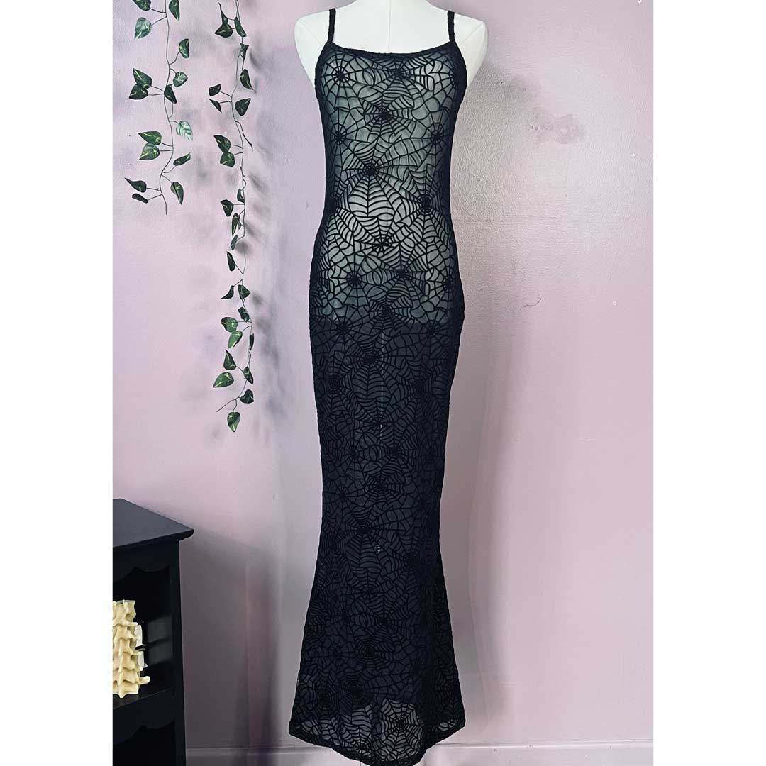 Witchwood Sheer Hourglass Velvet Spiderwebs Maxi Dress