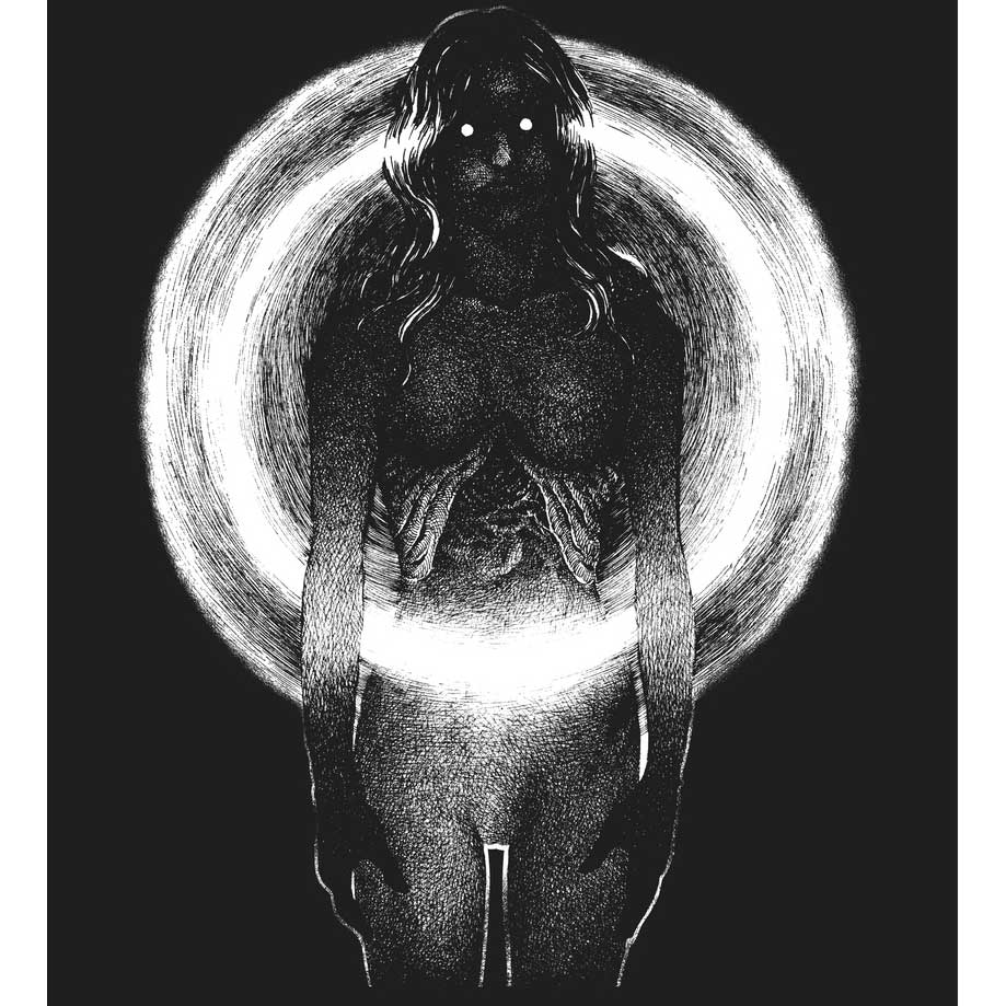 Black and white illustration of a figure with glowing eyes against a dark background