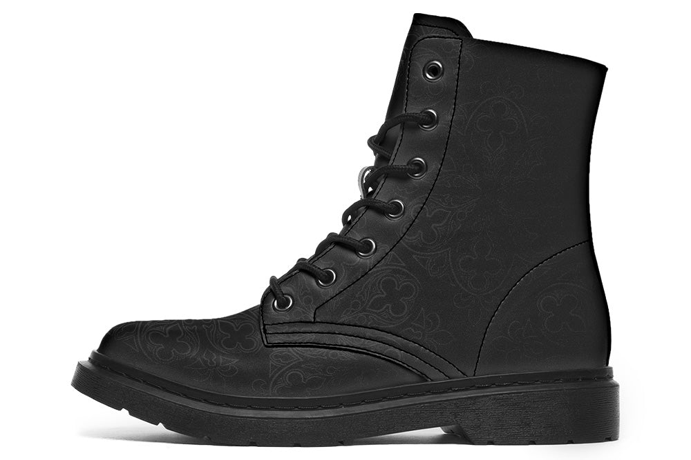 Witchwood Vegan Unisex Gothic Ornaments Combat Boots Black on Black