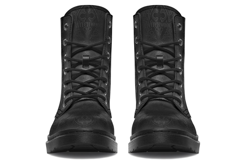 Witchwood Vegan Unisex Gothic Ornaments Combat Boots Black on Black