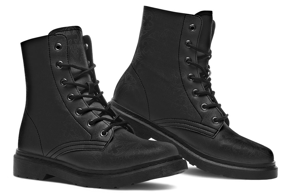 Witchwood Vegan Unisex Gothic Ornaments Combat Boots Black on Black