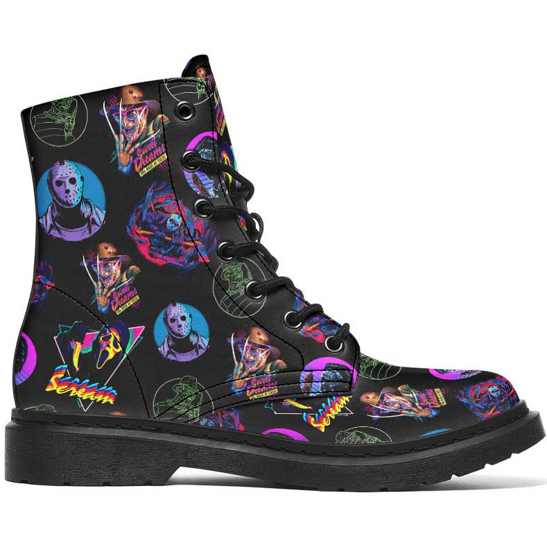 Black boot with colorful graphic design on a white background