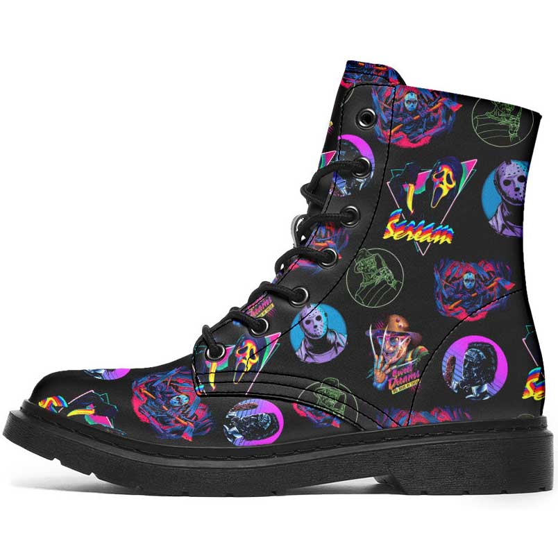 Black boot with colorful graphic design on a white background