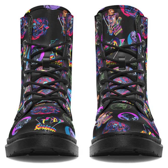 Pair of black boots with colorful abstract patterns on a white background