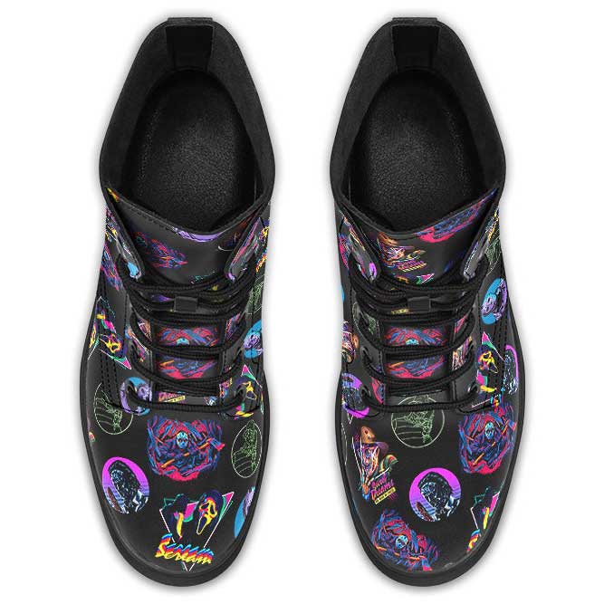 Black high-top sneakers with colorful graphic designs on a white background