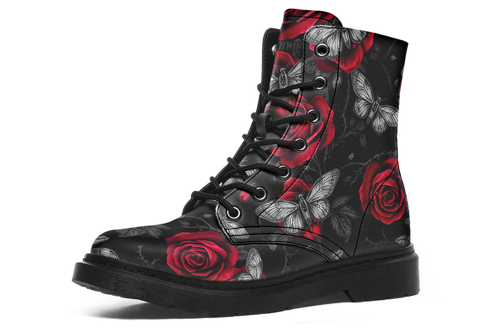 Witchwood Vegan Unisex Moth Roses Combat Boots