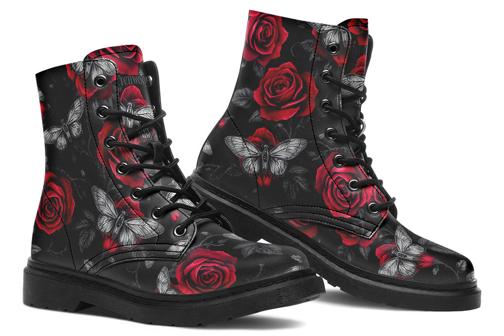 Witchwood Vegan Unisex Moth Roses Combat Boots
