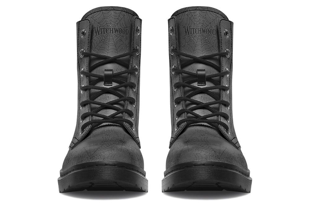 Witchwood Vegan Unisex Spider Webs Black on Black Combat Boots