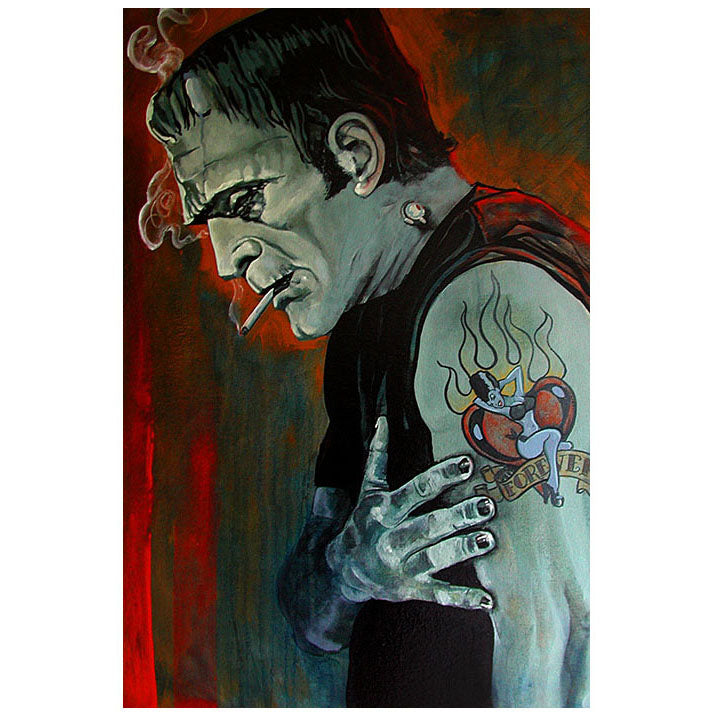 Artistic depiction of a Frankenstein character with tattoos and a smoking cigarette against a colorful background