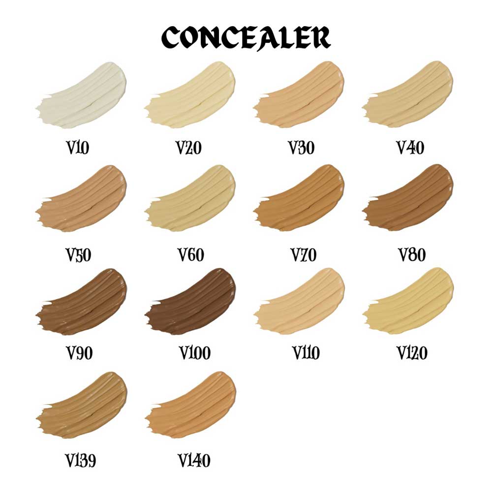 Concealer swatch chart with various shades labeled V00 to V40 on a white background.