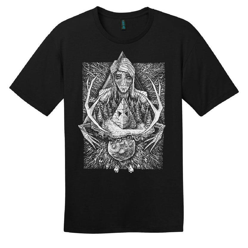 Black t-shirt with a graphic design of a hooded figure and antlers on a white background