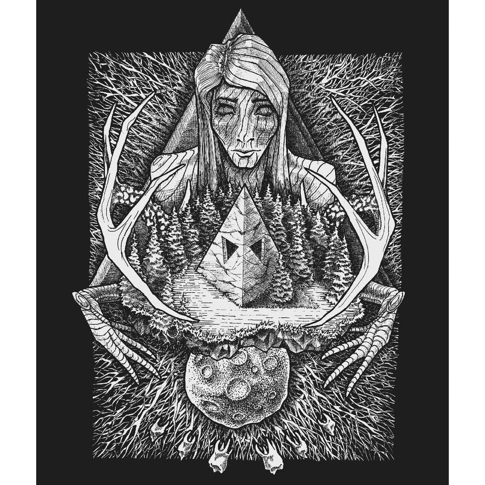 Black and white illustration of a figure with antlers and a geometric symbol in a natural setting.