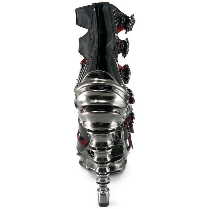 Hades CRIMSON Black Patent Ankle Boots Buckles 5" Spinal Heel 6-11