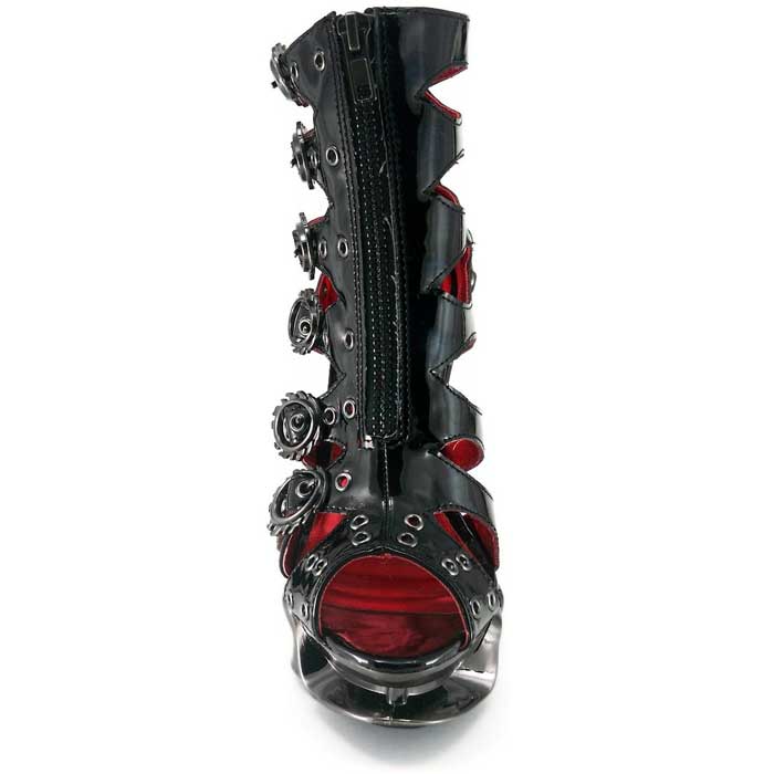 Hades CRIMSON Black Patent Ankle Boots Buckles 5" Spinal Heel 6-11