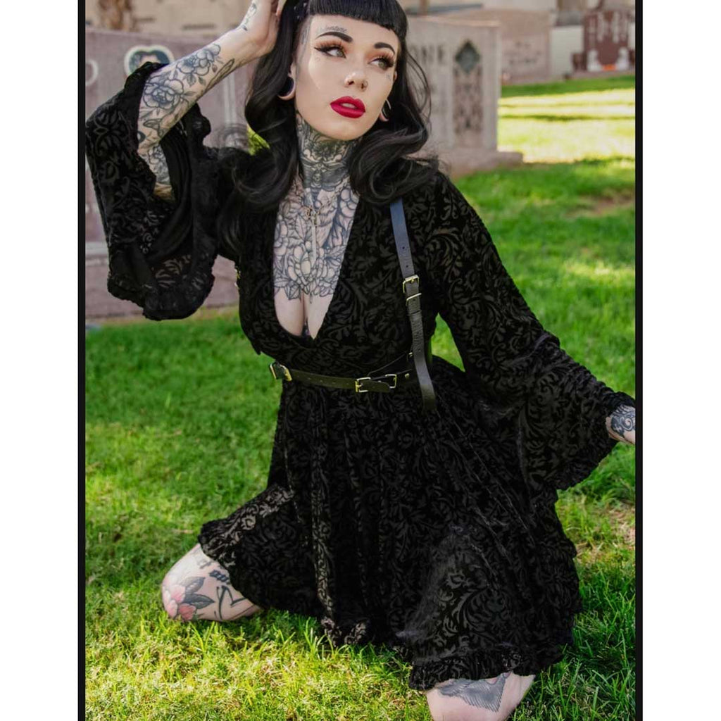 Witchwood Nyx Bell Sleeve Velvet Damask Dress + Harness