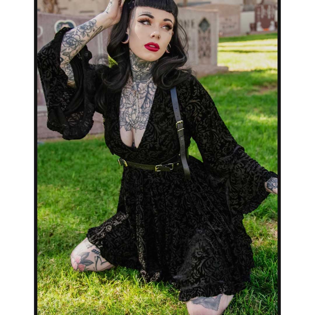Witchwood Nyx Bell Sleeve Velvet Damask Dress + Harness