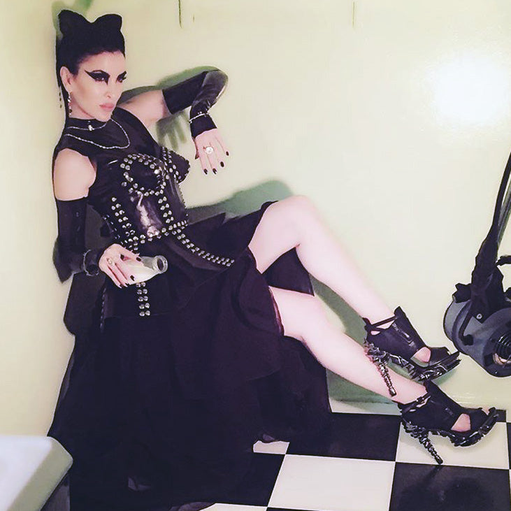 Hades DRACO Black 5" High Spinal Heel Strappy Peep Toe 6-11