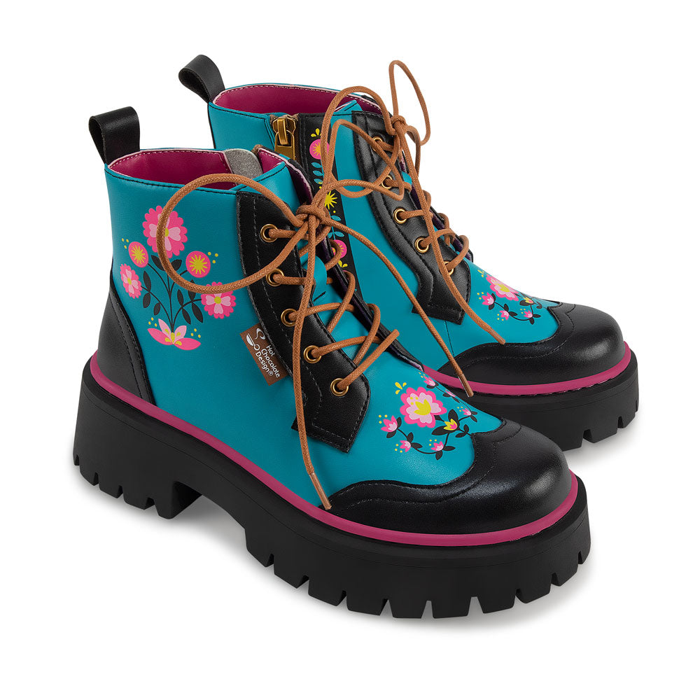 Enchanted North Floral Blue Ankle Lace Up Boots