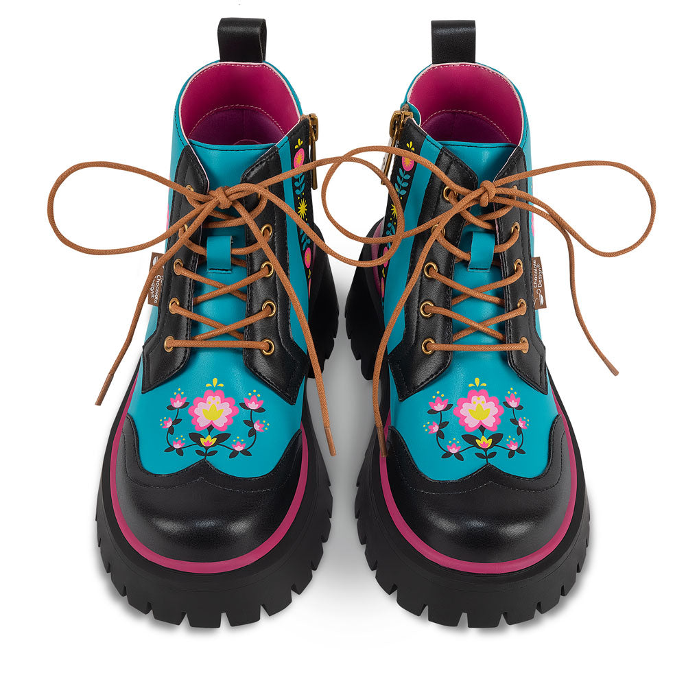 Enchanted North Floral Blue Ankle Lace Up Boots