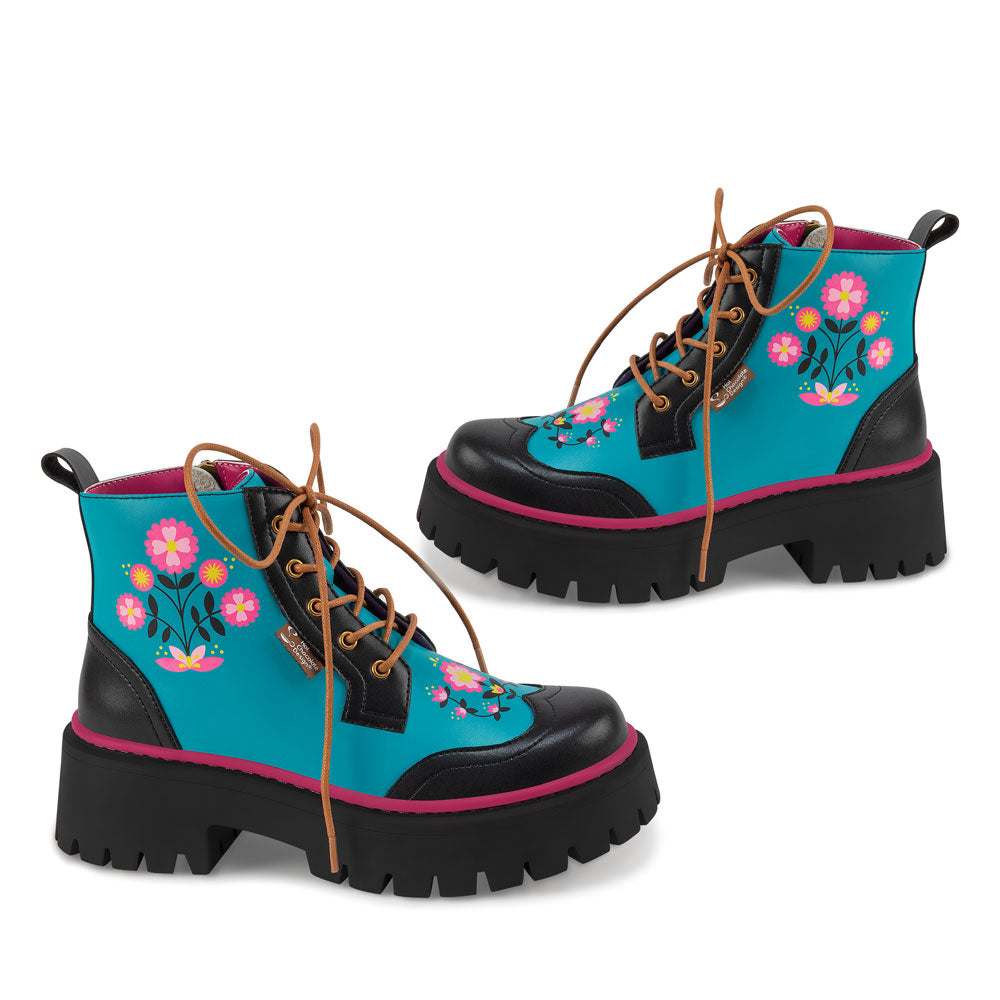 Enchanted North Floral Blue Ankle Lace Up Boots