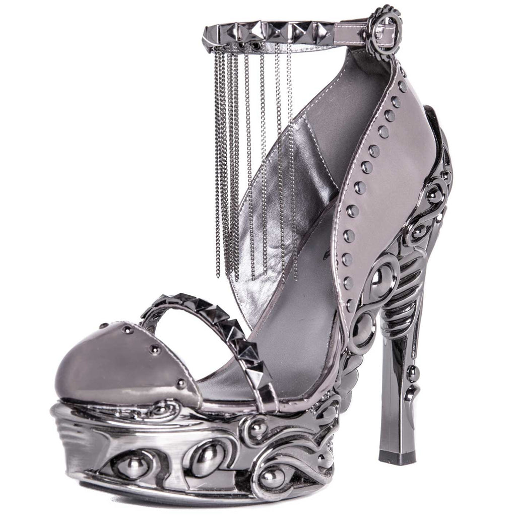 Hades EROS Gunmetal 6" High Ornate Heels Silver Studs Chains 6-11