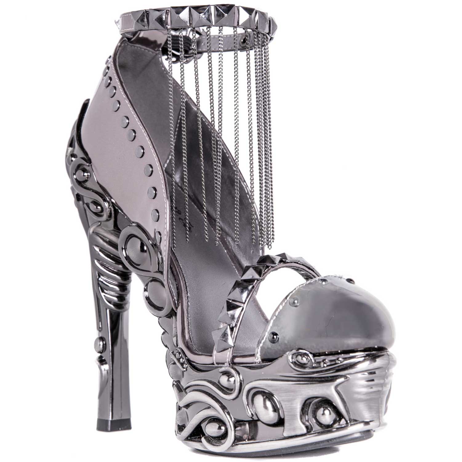 Hades EROS Gunmetal 6" High Ornate Heels Silver Studs Chains 6-11
