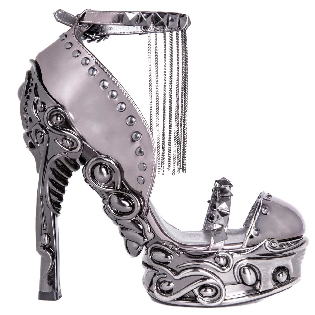 Hades EROS Gunmetal 6" High Ornate Heels Silver Studs Chains 6-11