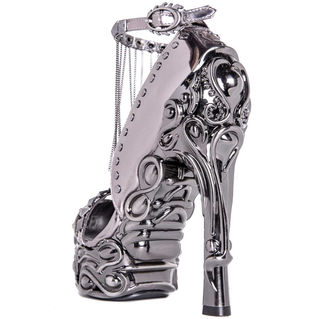 Hades EROS Gunmetal 6" High Ornate Heels Silver Studs Chains 6-11