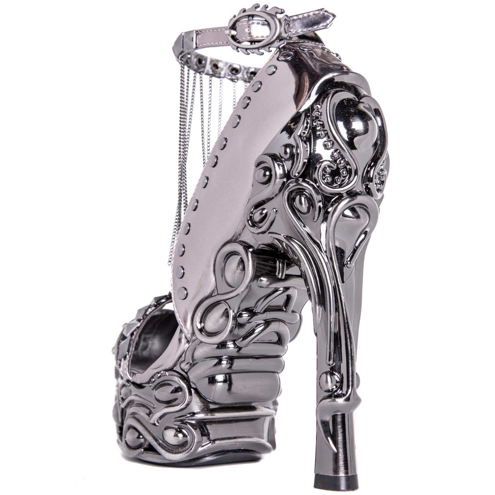 Hades EROS Gunmetal 6" High Ornate Heels Silver Studs Chains 6-11