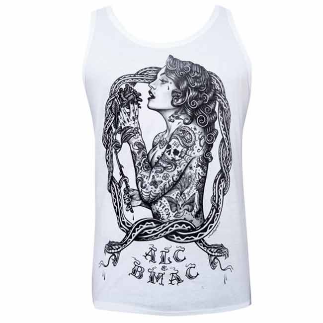 White tank top with black intricate design of a woman on a white background