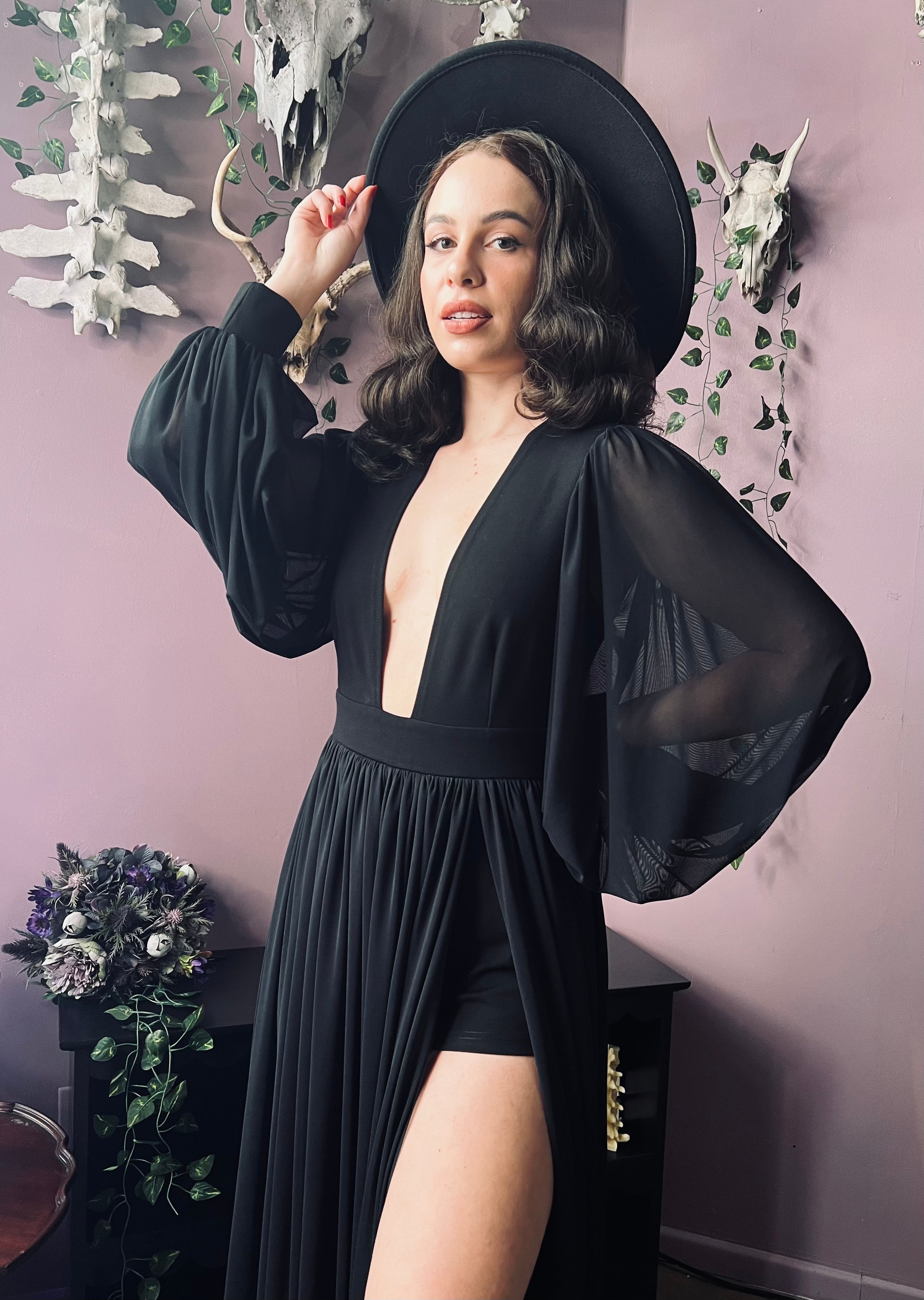 Witchwood Minerva Mesh Maxi Plunge Dress Built In Shorts
