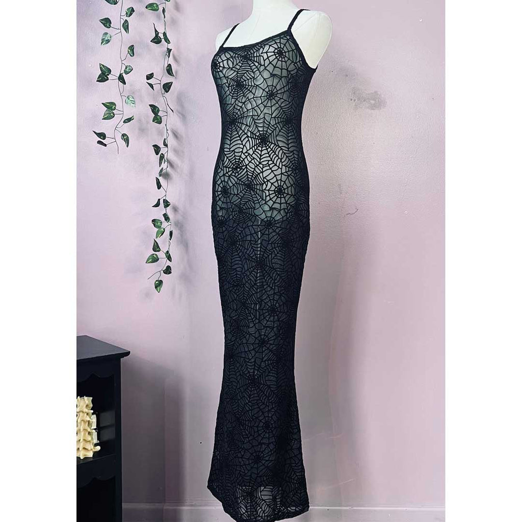 Witchwood Sheer Hourglass Velvet Spiderwebs Maxi Dress