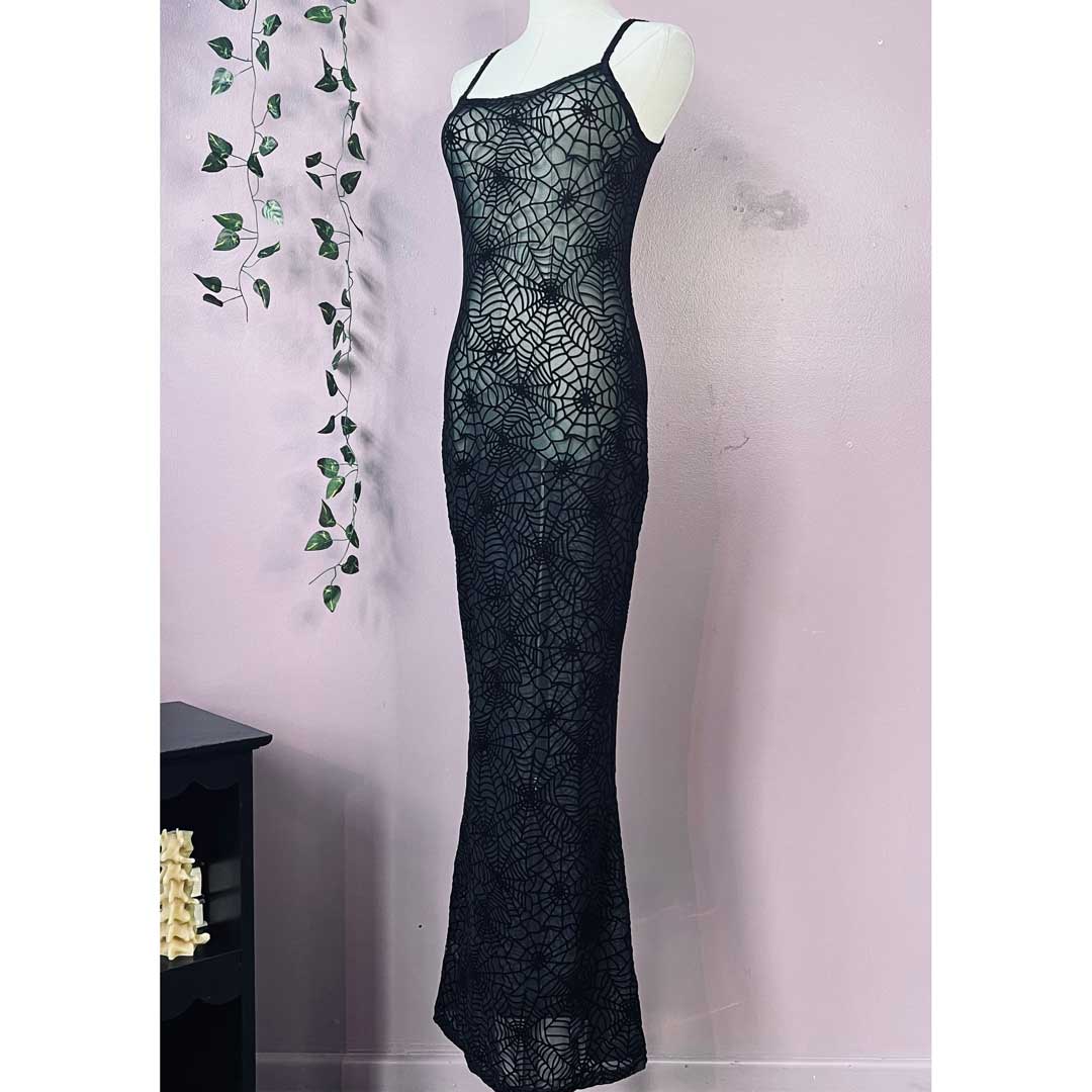 Witchwood Sheer Hourglass Velvet Spiderwebs Maxi Dress