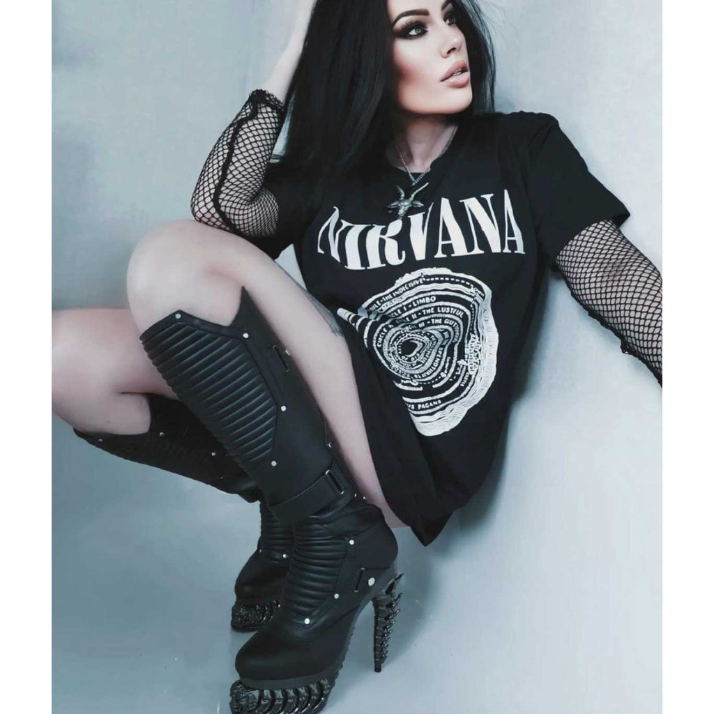 Hades HEL Black Knee High Boots 5" High Dragon Chrome Heels 6-12