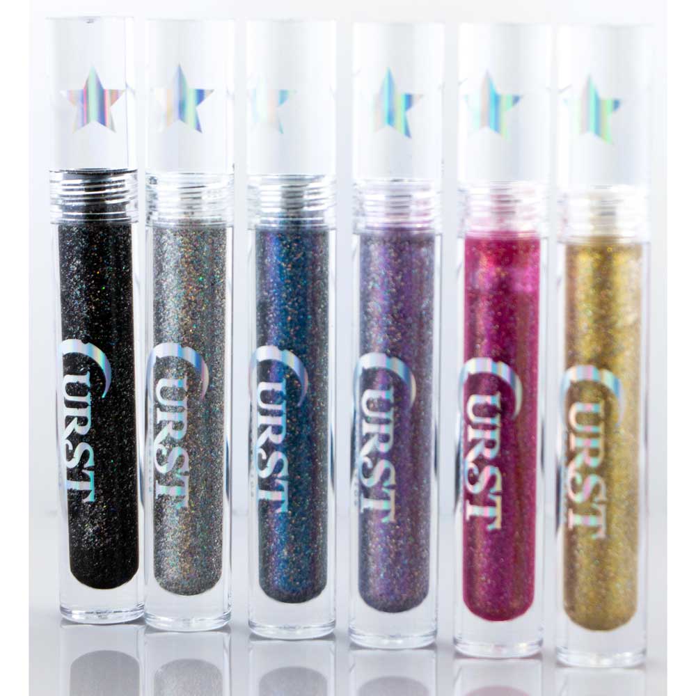 Set of six lip glosses in different colors with 'CURST' branding on a white background
